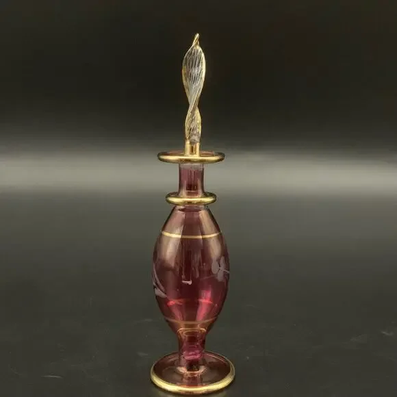 Vintage Egyptian Hand Blown Miniature Glass Empty Bottle Gold Trim Etched - Picture 2 of 14